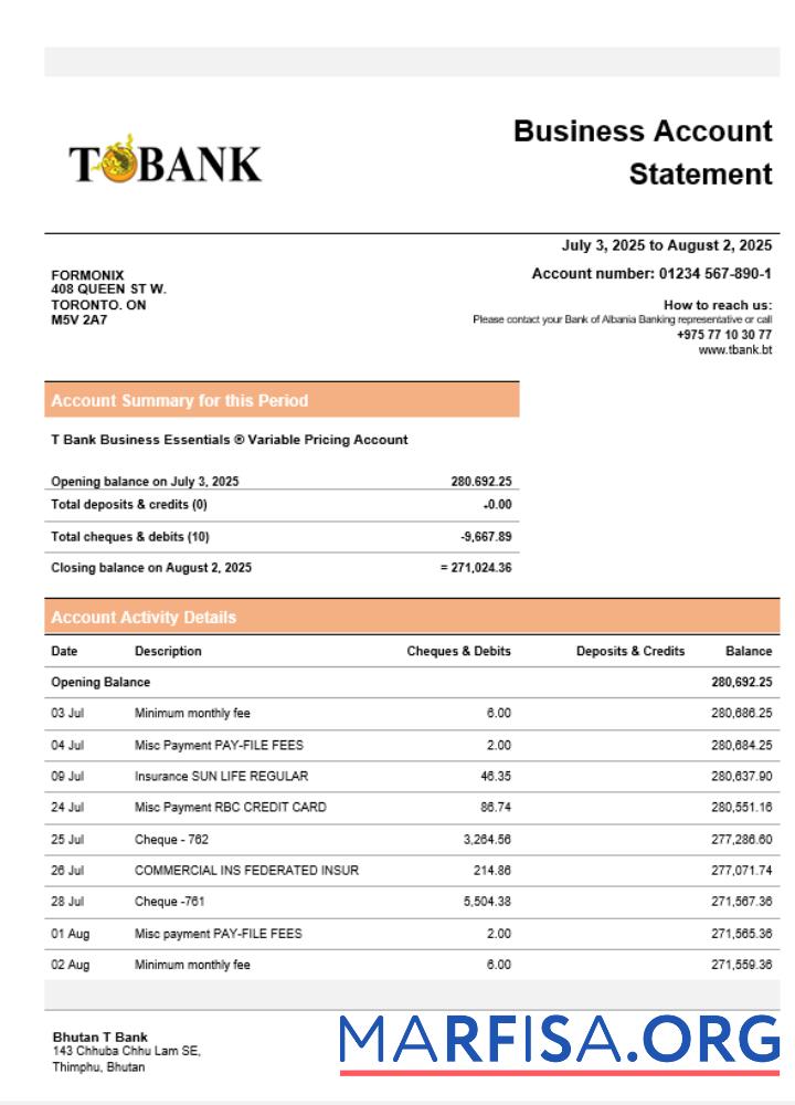 Printable T bank business bank statement Word and PDF format template